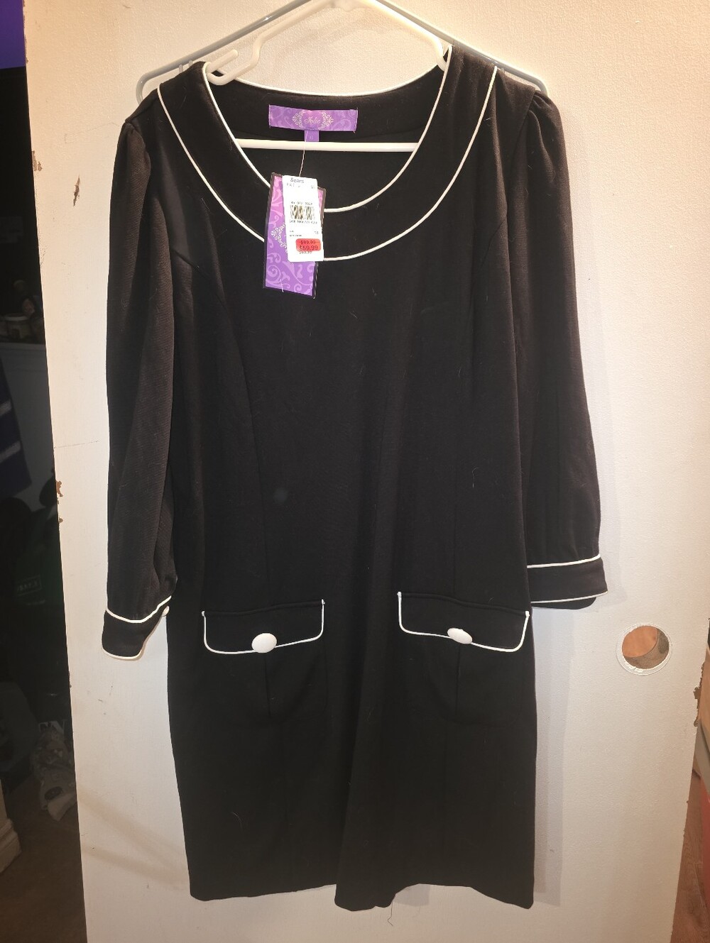 Jolie Black Long-Sleeve Dress with White Piping